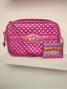 Gucci Fuchsia Laminated Quilted Leather Trapuntata Crossbody Camera Bag & Wallet